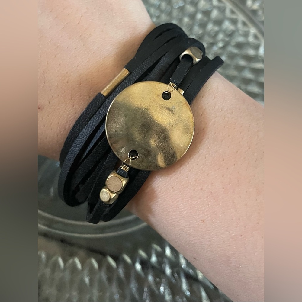 Black Leather Wrap Bracelet with Gold Disc